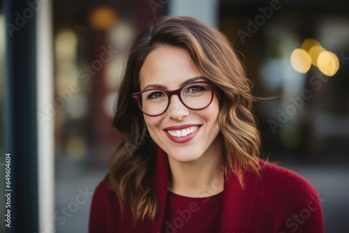 Portrait of happy young woman with eyeglasses in the city photo