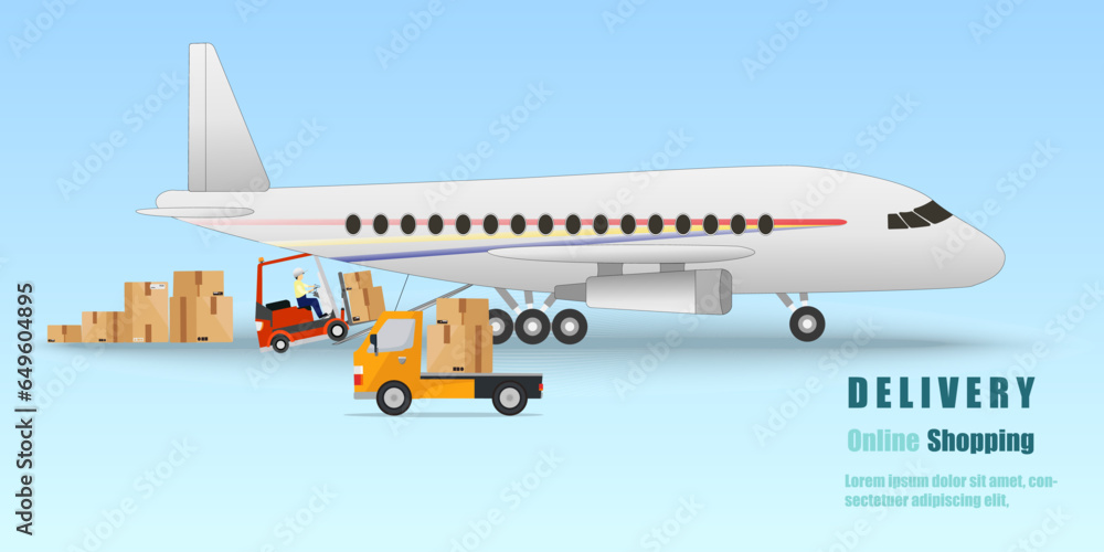 Transportation by plane, cutting-edge transportation technology,  cargo loading onto airplanes, cargo handling with forklifts and smooth ground transportation by trucks,Vector Illustration.