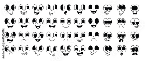 Set of 70s groovy comic faces vector. Collection of cartoon character faces, in different emotions, happy, angry, sad, cheerful. Cute retro groovy hippie illustration for decorative, sticker.