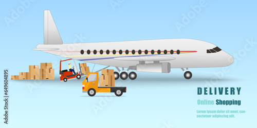 Transportation by plane, cutting-edge transportation technology, cargo loading onto airplanes, cargo handling with forklifts and smooth ground transportation by trucks,Vector Illustration.