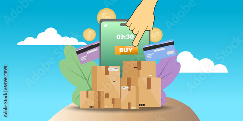 Online shopping concept showing a mobile app interface with a hand pressing buy button and delivery boxes, ideal for ecommerce and delivery services