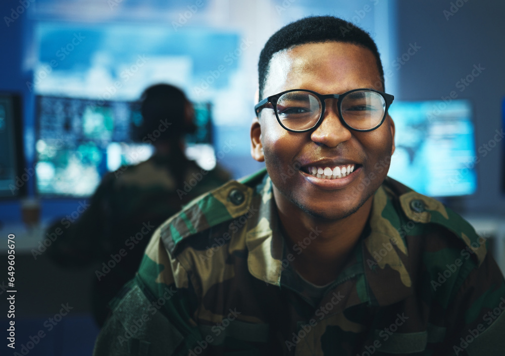 Military, surveillance and happy portrait of man in cybersecurity, control room and government communication office. Army, employee and smile on face with pride, confidence and working in spy tech Military, surveillance and happy portrait of man in cybersecurity, control room and government communication office. Army, employee and smile on face with pride, confidence and working in spy tech