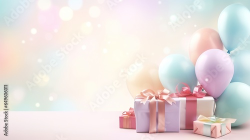 Pastel gift boxes and balloons, birthday party, holidays background, New year 2026 celebration concept