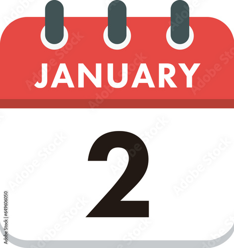 Flat Icon Calendar -  2 January. Vector flat daily calendar icon. Day and month.