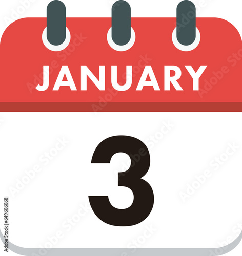 Flat Icon Calendar - 3 January. Vector flat daily calendar icon. Day and month.