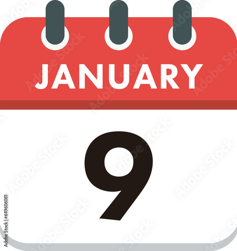 Flat Icon Calendar - 9 January. Vector flat daily calendar icon. Day and month.