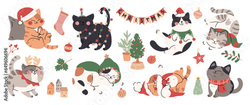 Merry christmas and happy new year concept background vector. Collection drawing of cute cats with decorative scarf, ribbon, hat. Design suitable for banner, invitation, card, greeting, banner, cover.