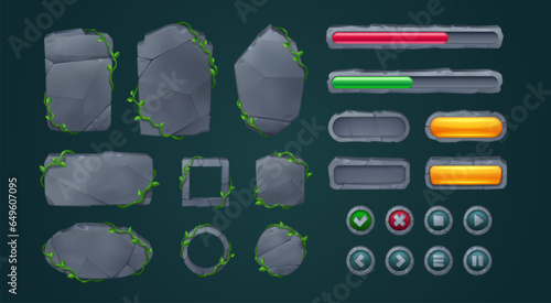 Stone game menu elements - cartoon rock gui boards and buttons with liana vines. Cartoon vector user interface frames, round and rectangular banners and level bars with stony texture and jungle plants