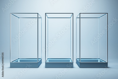 Creative three empty glass showcases on light background. Products presentation and purchase concept. Mock up, 3D Rendering. photo