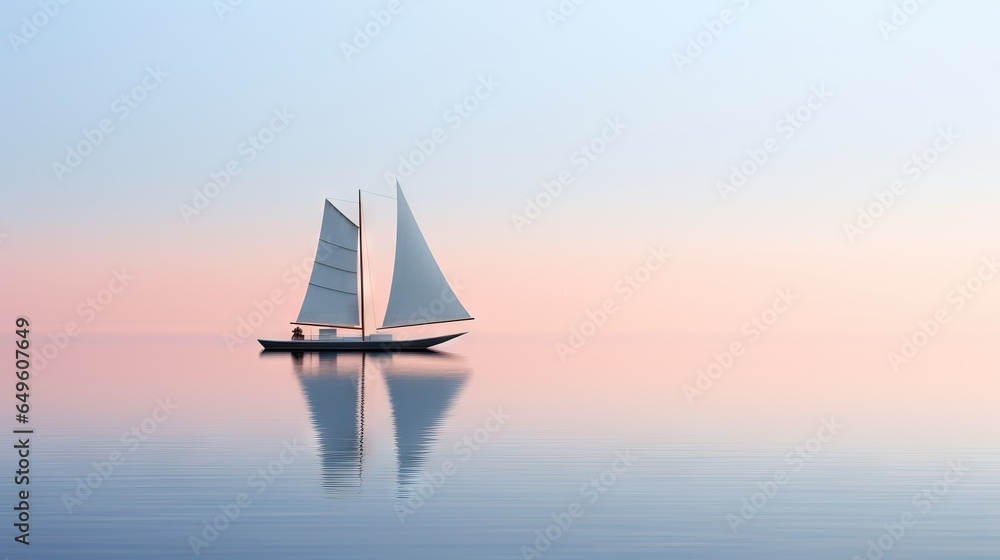 Naklejka premium a sailboat floating on a calm lake at sunset or dawn. generative ai
