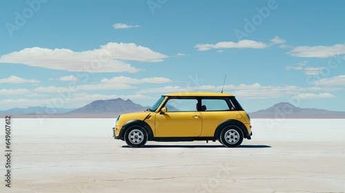  a small yellow car is parked in the middle of the desert. generative ai