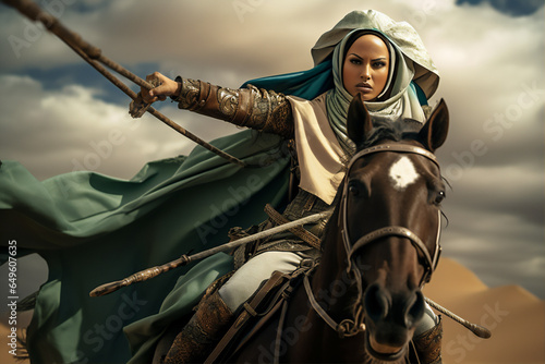 an muslim woman warrior in hijab and veil  on horse in the Arabian desert, hyper realistic, dramatic light and shadows, sun behind the storm clouds, create using generative AI tools © Maizal