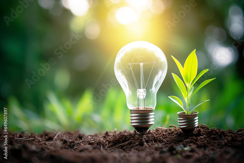 Light bulb and tree growing on the ground on bokeh nature background, Idea of renewable energy and energy saving, Ecology concept, Creative Art