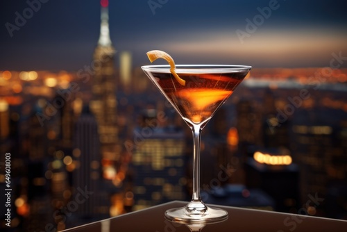 Close up view one glass or cocktail manhattan on blurry cityscape background. © Twomeows_AS