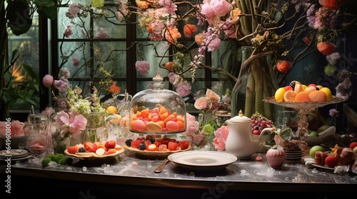  a table topped with lots of different types of fruit and flowers. generative ai