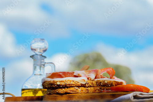 toast with tomato, olive oil and iberian ham, typical spanish food, on a wooden table in the countryside.