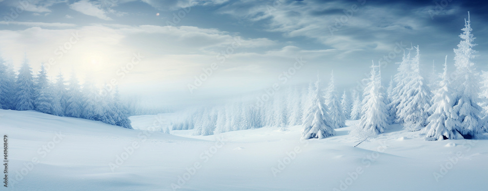 Christmas card. panorama with white snow against the backdrop of a winter forest. Generative Ai