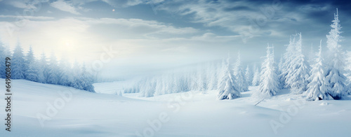 Christmas card. panorama with white snow against the backdrop of a winter forest. Generative Ai © PETR BABKIN