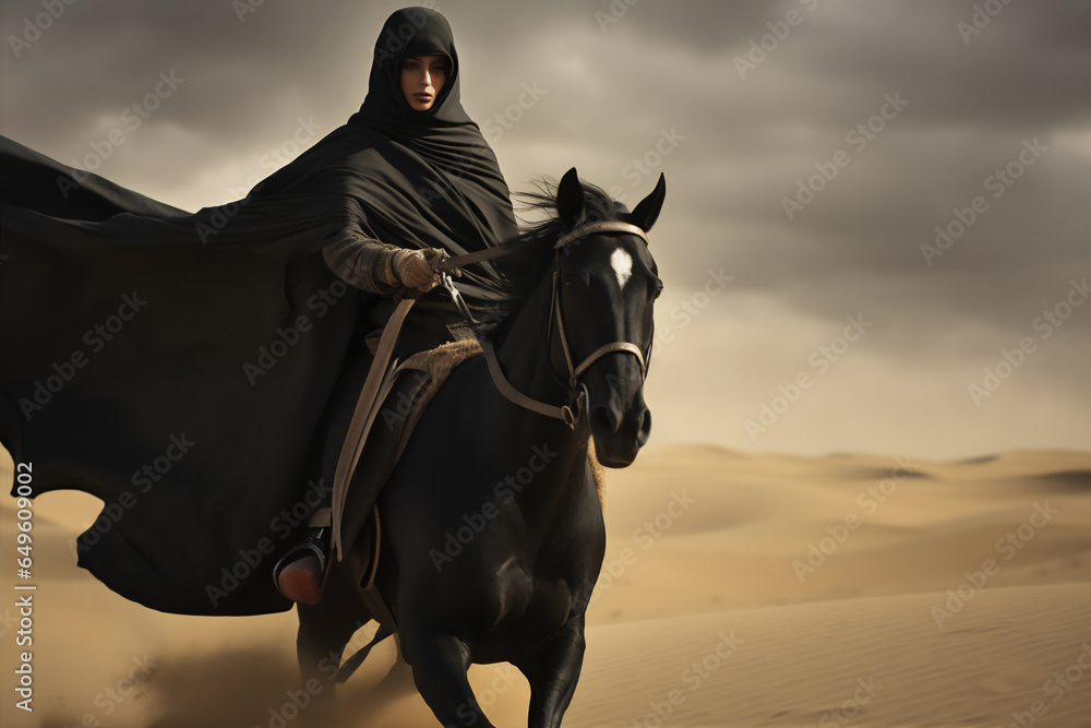 an muslim woman warrior in hijab and veil on horse in the Arabian