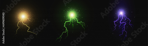 Realistic electric circle bolt lightning explosion. Magic thunder power effect in green and purple color. Pain shock fantasy 3d discharge element. Neon glowing laser electrical hit burst vector