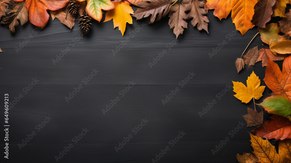 Top view of autumn leaves on blackboard background