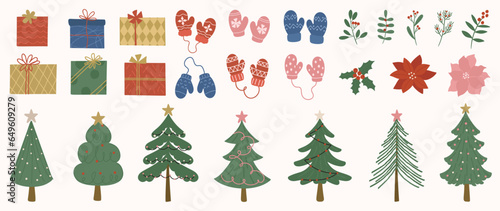 Set of decorative christmas element vector illustration. Collection of christmas tree, glove, present, flower, foliage. Design for sticker, card, poster, invitation, greeting.