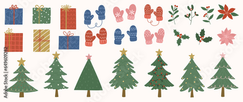 Set of decorative christmas element vector illustration. Collection of christmas tree, glove, present, flower, foliage. Design for sticker, card, poster, invitation, greeting.
