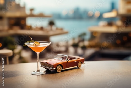 A glass of cocktail Side Car on blurry city skyline and a vintage miniature car background.