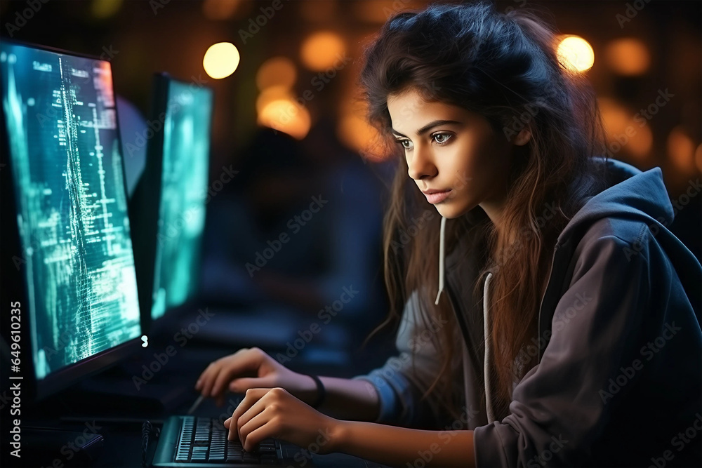 Young Indian girl programmer writing code on the keyboard, in the office space at night. Young Indian girl programmer writing code on the keyboard, in the office space at night.