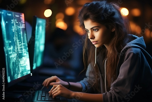 Young Indian girl programmer writing code on the keyboard, in the office space at night.