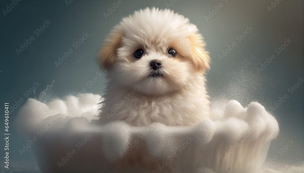 Сute fluffy bobtail puppy takes a bath filled with foam, a kawaii dog with fluffy fur sits in a bathtub. looking at the camera, cute pet, pet washing . Generative AI - obrazy, fototapety, plakaty 