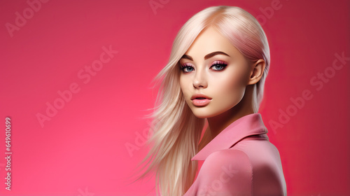 Portrait of young blond woman isolated on pink background