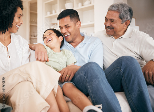 Hug, parents or happy kids with grandpa on sofa for bonding, healthy relationship or relax in home. Smile, grandfather and mother with dad or children laughing with trust, support or love in family