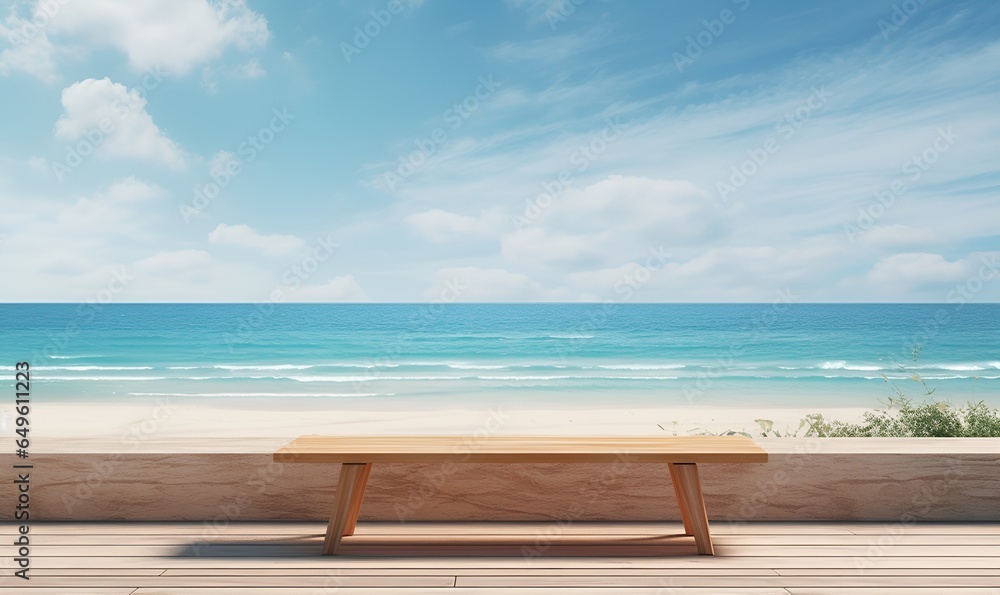 wooden bench on the beach copy space, ai generative