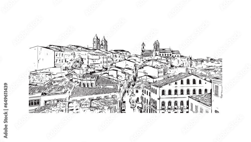 Building view with landmark of Salvador is the municipality in Brazil. Hand drawn sketch illustration in ve