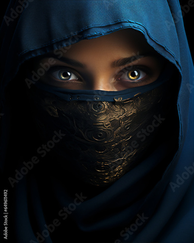 portrait of warrior Muslim woman in battle dress with hijab and burqa or veil, hyper realistic and detailed, dramatic light and shadows, create using generative AI tools