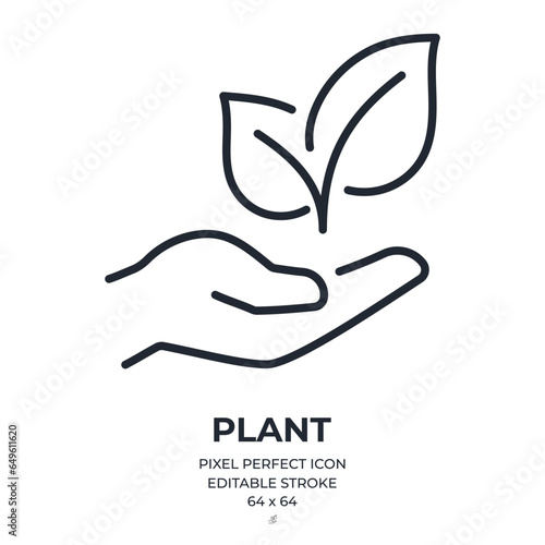 Hand holding a plant or sprout editable stroke outline icon isolated on white background flat vector illustration. Pixel perfect. 64 x 64.