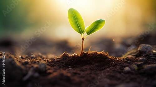  a small green plant sprouts from the ground in the sunlight.  generative ai