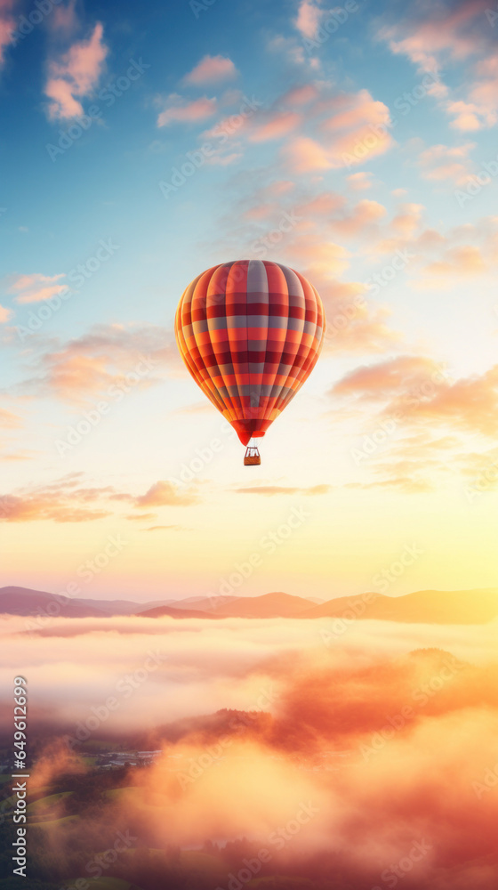 Naklejka premium Hot air balloon in horizon sky, morning sunlight