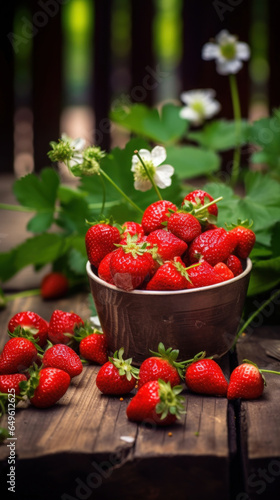 Strawberry garden and strawberries in a bowl on a small wooden table