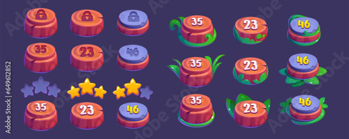Indicators to select game level with star rating. Gui wooden and stone pointers with grass - locked, in progress and complete. Cartoon vector set of selection platform button for videogame map.