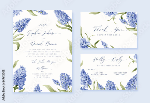 Watercolor Wedding antique invitation with blue hyacinth flowers, thank you and rsvp cards, vector template.