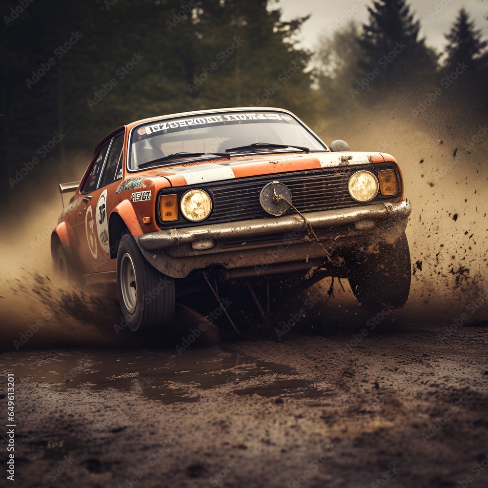 Obraz premium rally car in action on forest dirt road, ai generative