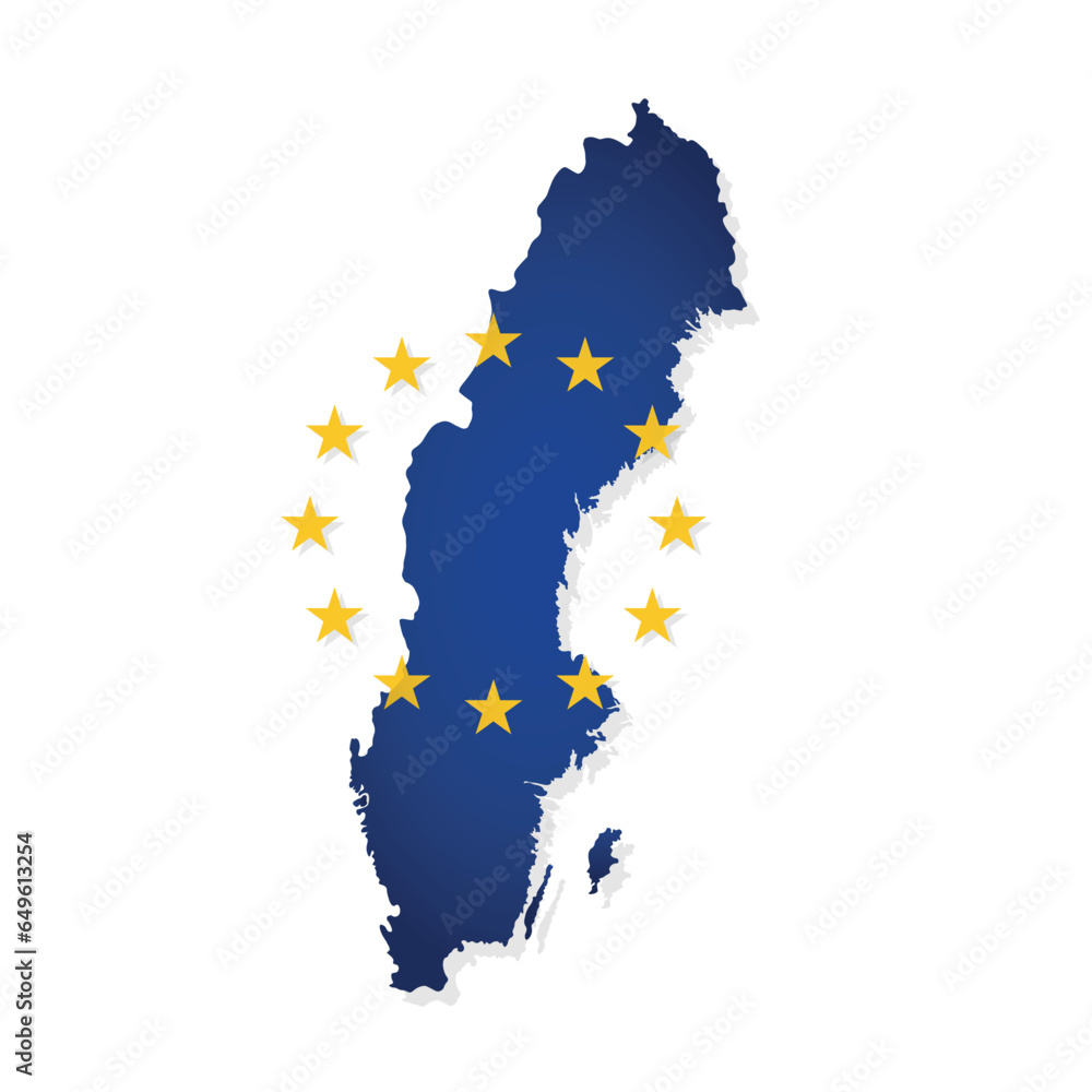 Obraz premium Vector illustration with isolated map of member of European Union - Sweden. Concept decorated by the EU flag with yellow stars on blue background. Modern design