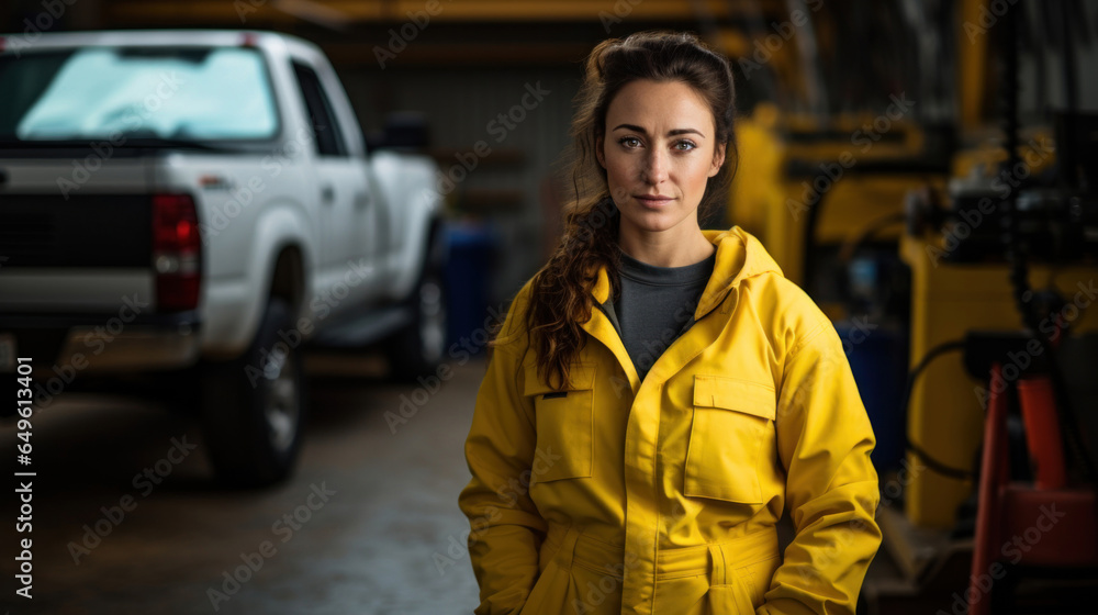 Girl car mechanic at the auto shop.