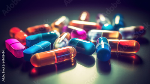 Colorful neon pills and capsules on dark background