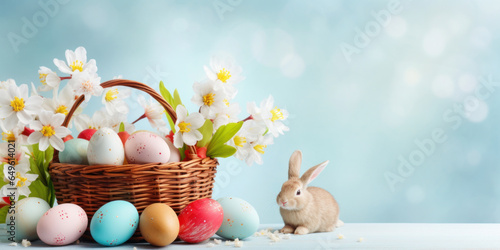 Easter composition with rabbit, colorful eggs, wicker basket and retro festive decoration on blue background