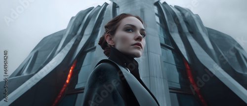 Cinematic closeup of mysterious woman in front of very tall futuristic baroque building on Antarctica. Generated AI