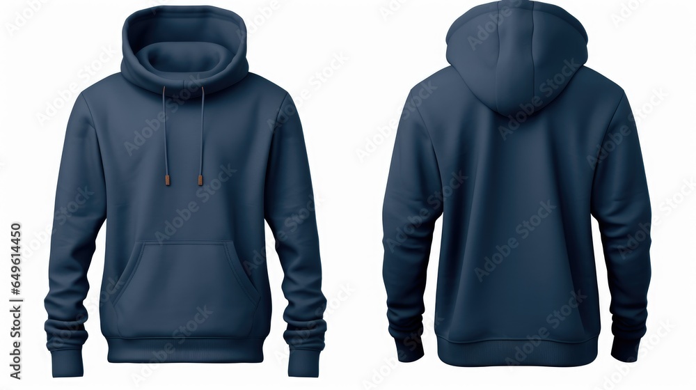 navy blue hoodie with front view and back view on white background, set ...