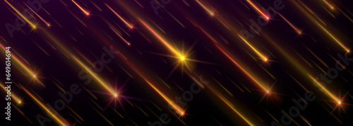 Space comet rain with golden falling star trails. Realistic vector background with bright space meteorite shooting with flare and glow path. Meteor shower with light and neon sparkle effect.